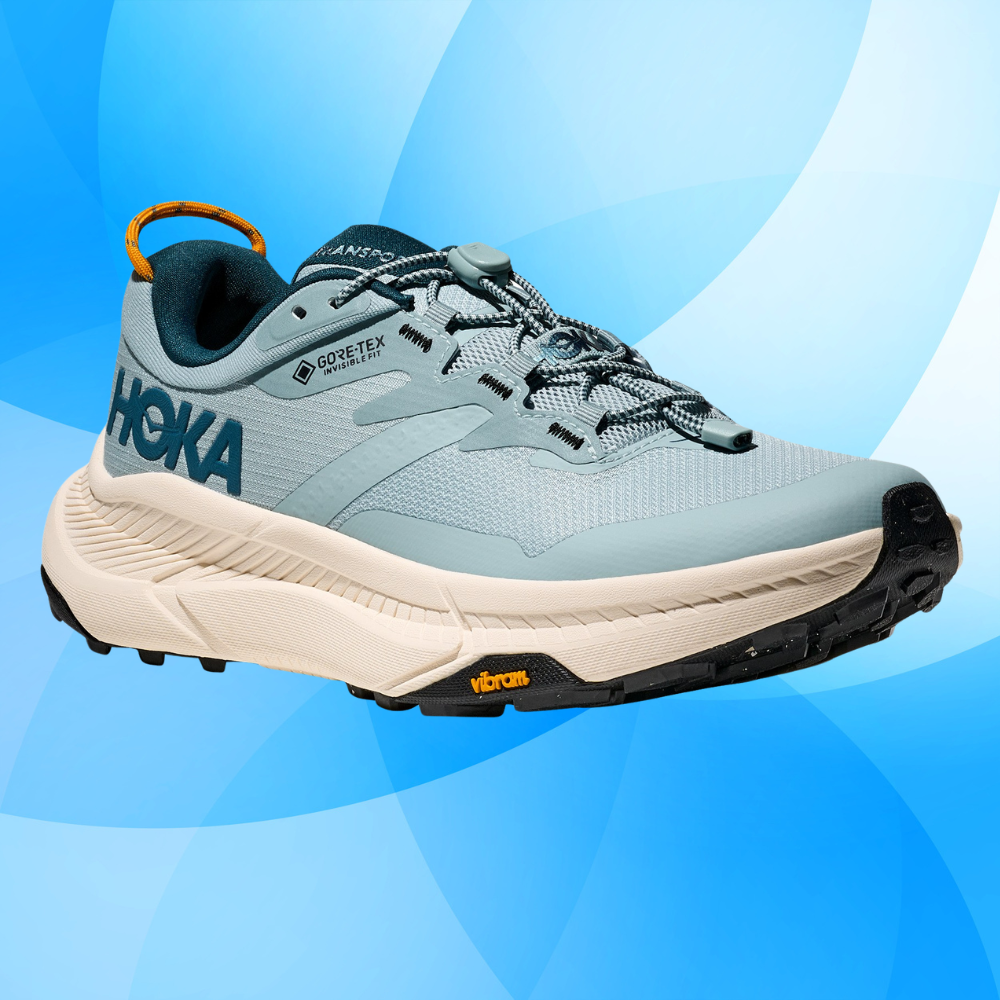 Hoka moving footwear displayed connected a bluish gradient background, highlighting durable plan and Vibram sole, suitable for outdoor activities