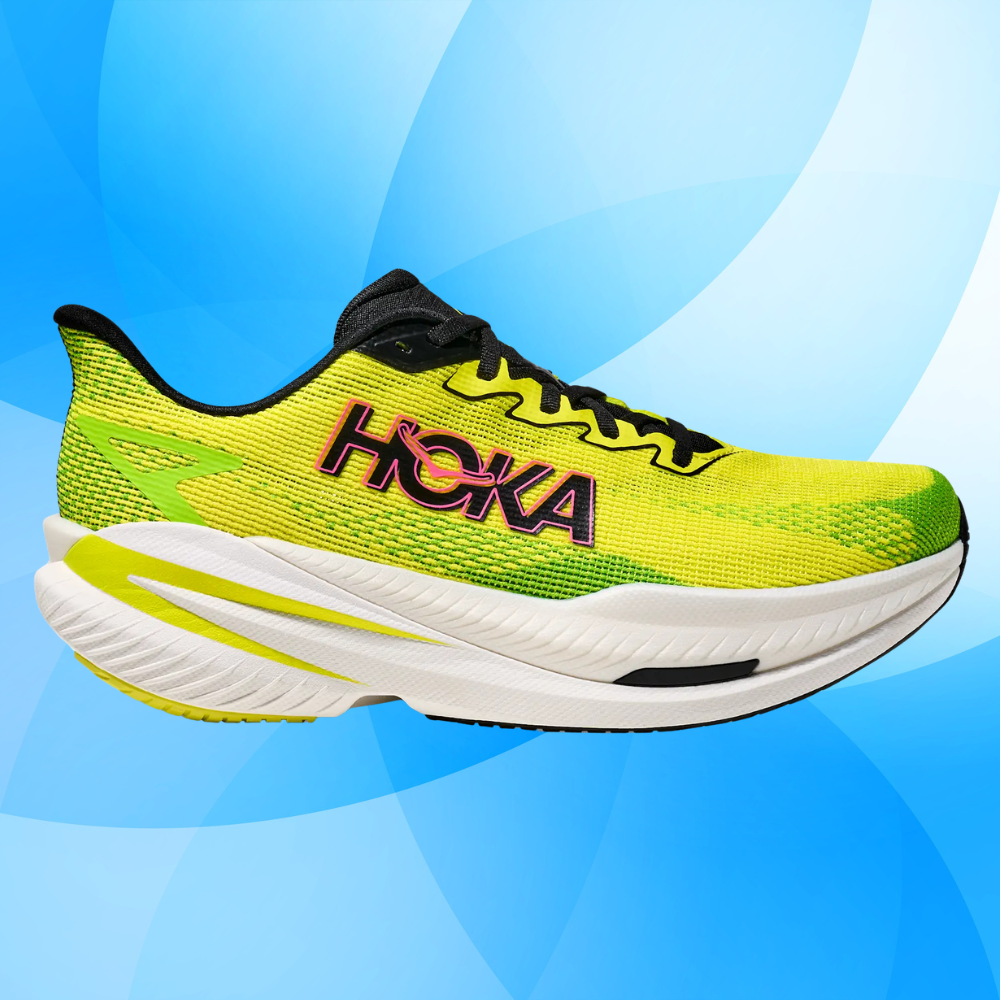 Athletic moving footwear with mesh fabric, HOKA branding, and cushioned sole designed for performance