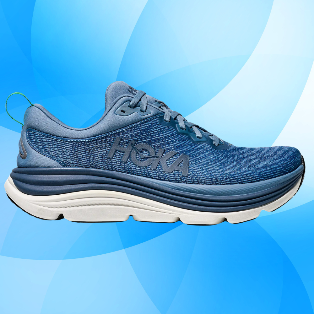 Running footwear with heavy sole and mesh upper, branded with "Hoka", displayed against a elemental background