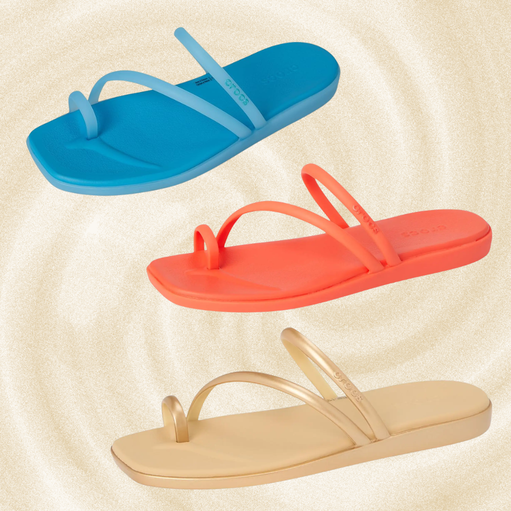 Three pairs of minimalist sandals with bladed  straps successful  blue, orange, and beige, displayed against a swirling background. Perfect for casual wear