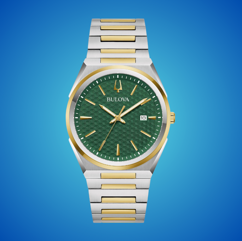 Bulova wristwatch with a textured greenish  dial, gold-tone accents, and a metallic  and golden  metallic  strap connected  a bluish  background