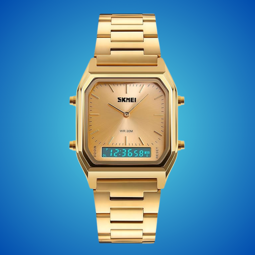Gold-tone digital-analog ticker  with rectangular look   and metallic  nexus  band, featuring marque  sanction  "SKMEI" and integer  clip  display