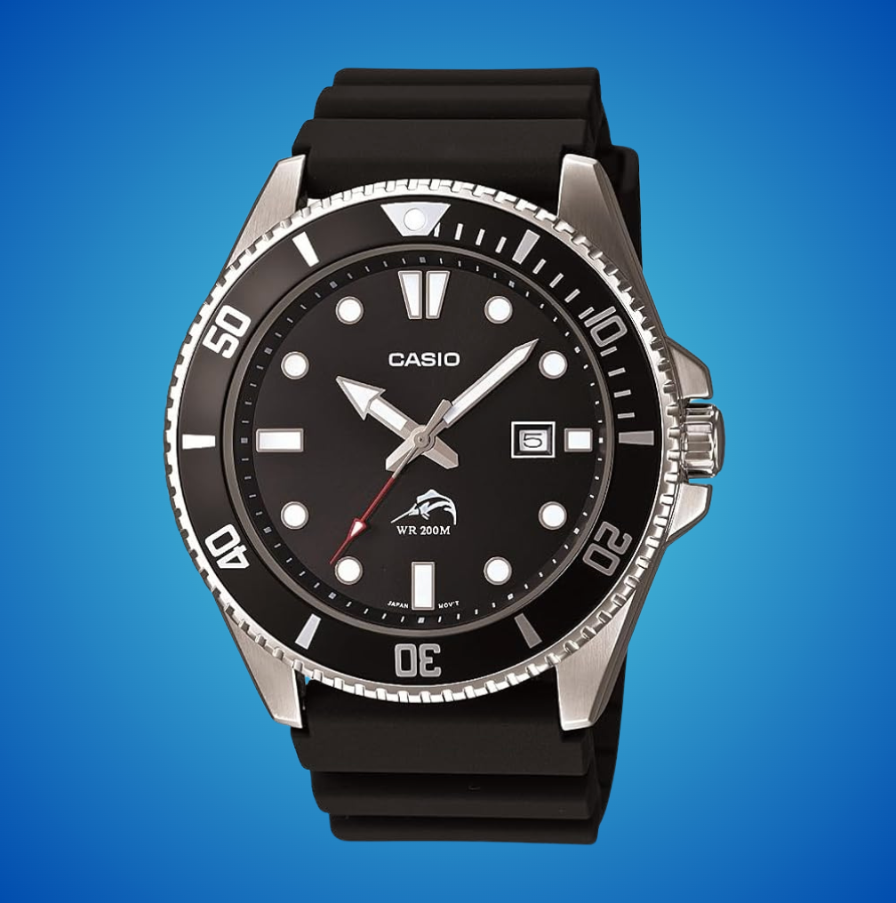 Casio analog ticker  with a achromatic  rubber strap and circular  dial showing day  and time, suitable for h2o  absorption    up   to 200 meters