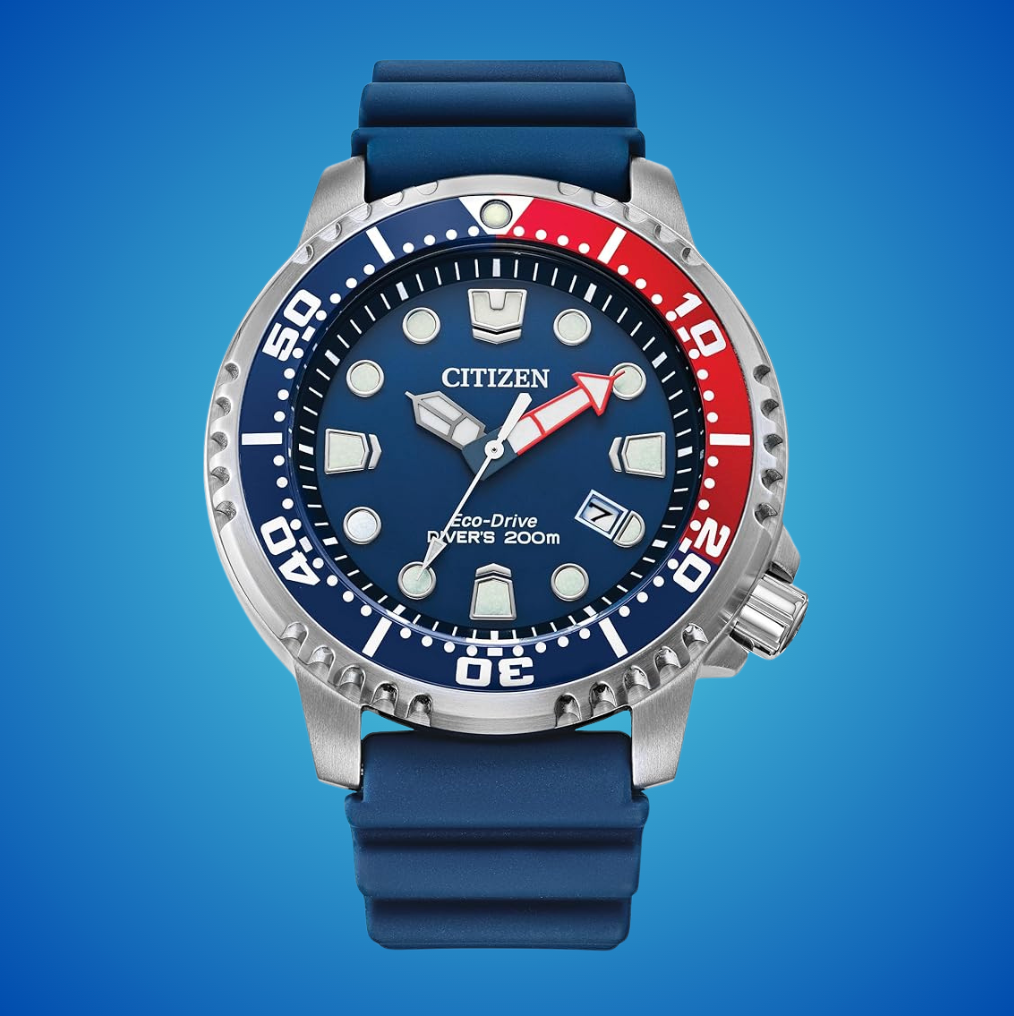Citizen Eco-Drive Diver's ticker  with a bluish  strap, reddish  and bluish  bezel, and luminous markers, suitable for diving up   to 200 meters