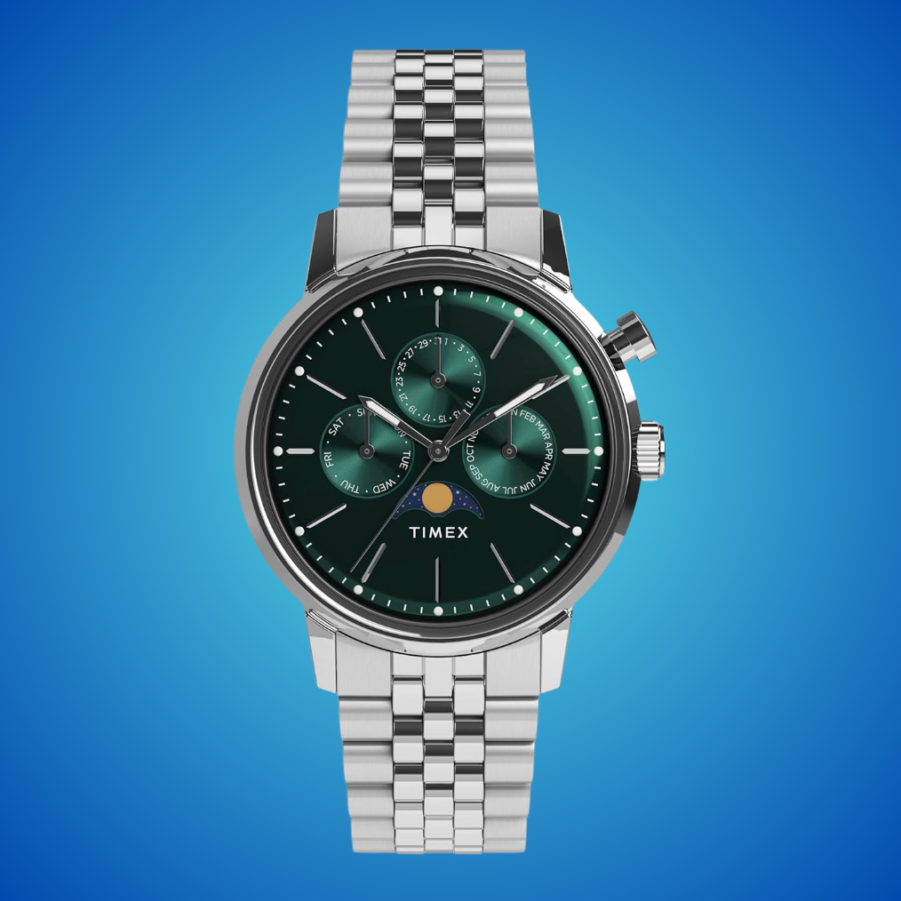 Silver Timex ticker  with multi-dial greenish  look   connected  a bluish  background