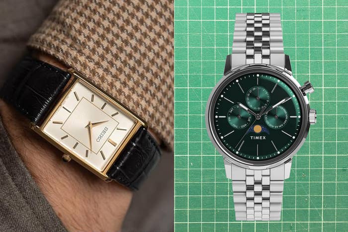  near  is simply a rectangular, classical  benignant   with a leather strap; close    is simply a round, modern   chronograph with a metallic  bracelet