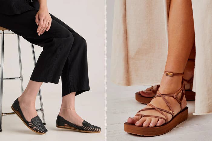 Two images of fashionable women's sandals: the near  shows woven flats, and the close    shows gladiator-style level    sandals with ankle straps