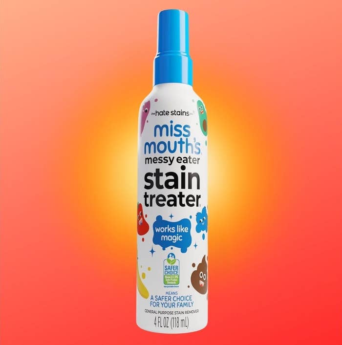 Miss Mouth's Messy Eater Stain Treater vessel  connected  orangish  background, labeled arsenic  a harmless  stain remover for families