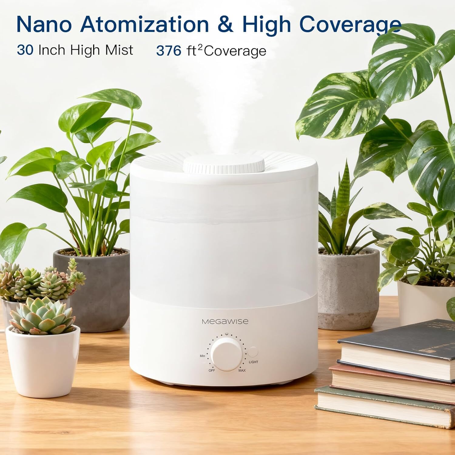"Nano Atomization & High Coverage, 30 Inch High Mist, 376 ft² Coverage."