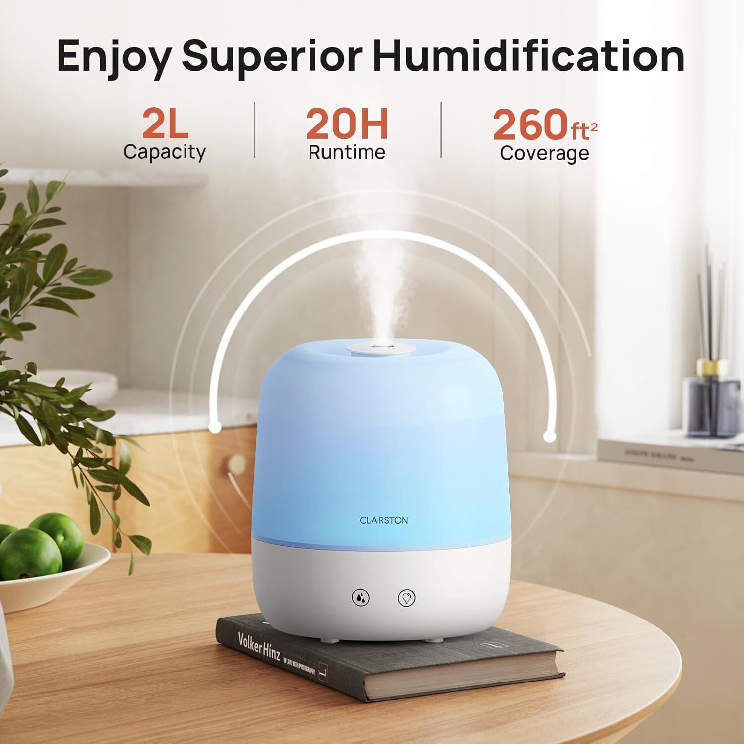 Humidifier connected array emits mist, advertizing 2L capacity, 20-hour runtime, 260 sq ft coverage; promotes superior humidification