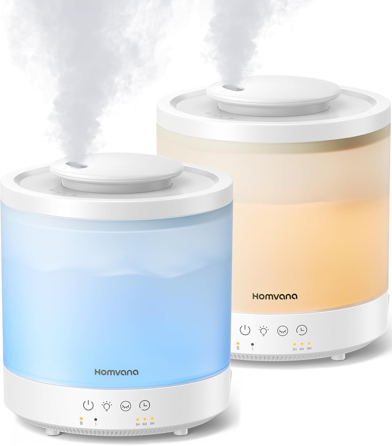 Two Homvana humidifiers releasing mist, 1 with a bluish airy and 1 with an orangish light, showcasing their plan and functionality