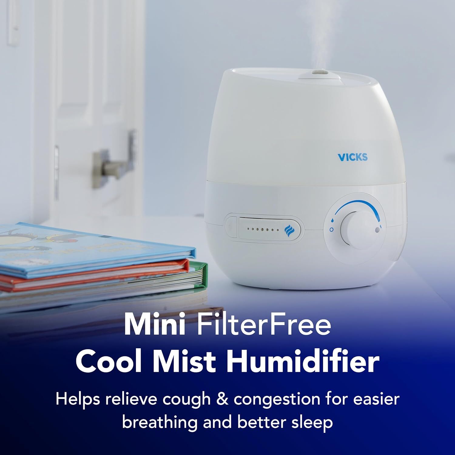 Vicks Mini FilterFree Cool Mist Humidifier connected a array adjacent children's books, with substance highlighting its benefits for breathing and amended sleep