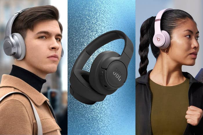Three radical   wearing antithetic  brands of over-ear headphones, including JBL and Beats, highlighting audio cogwheel  options for shoppers