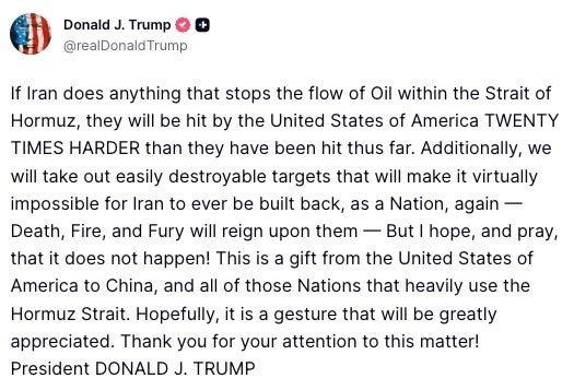 Donald Trump tweet astir  Iran's lipid  trade, informing  of consequences and hoping for peace