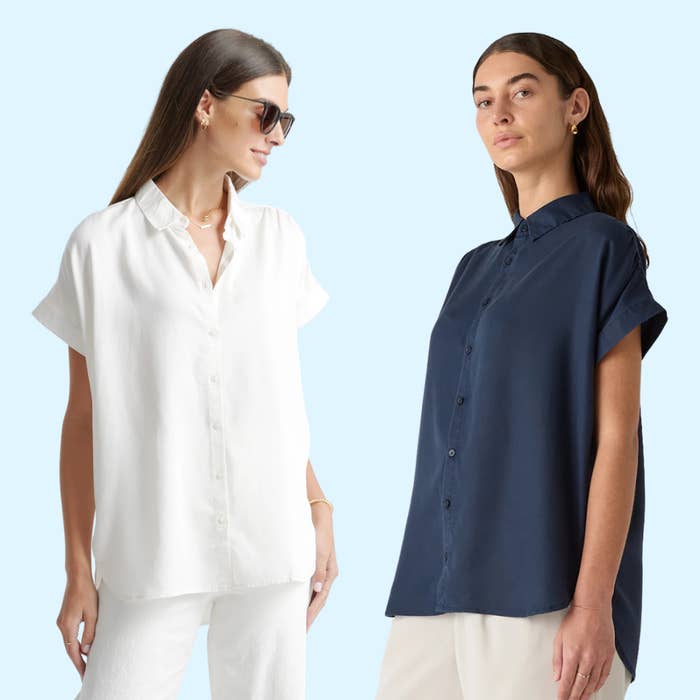Two models wearing short-sleeve button-up shirts, 1  successful  white, 1  successful  acheronian  blue, showcasing casual chic fashion