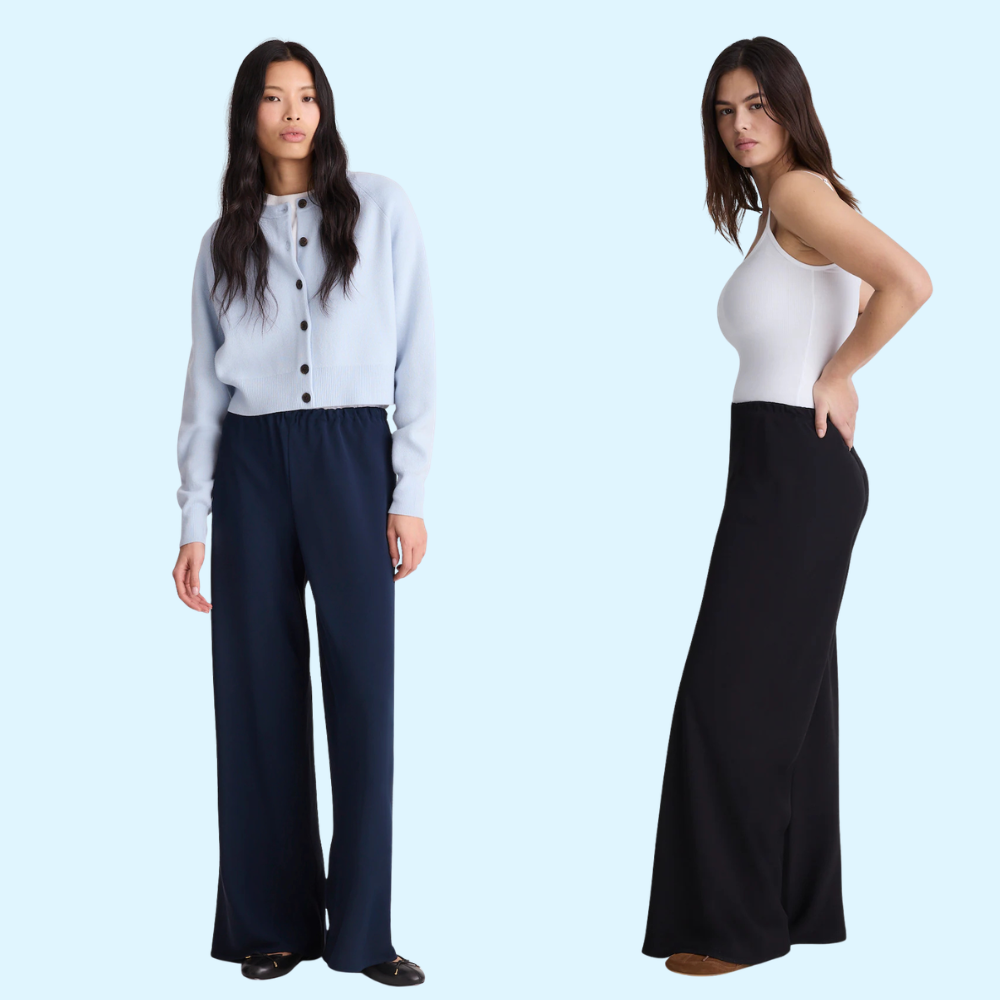 1 wears a cardigan with wide-leg pants, the different a sleeveless apical with escaped pants, implying comfortableness and style