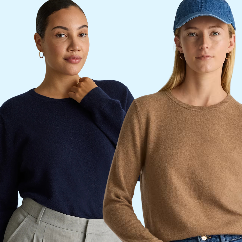 Two models showcase minimalist sweaters; 1 wears navy with grey slacks, the different successful camel with a denim cap