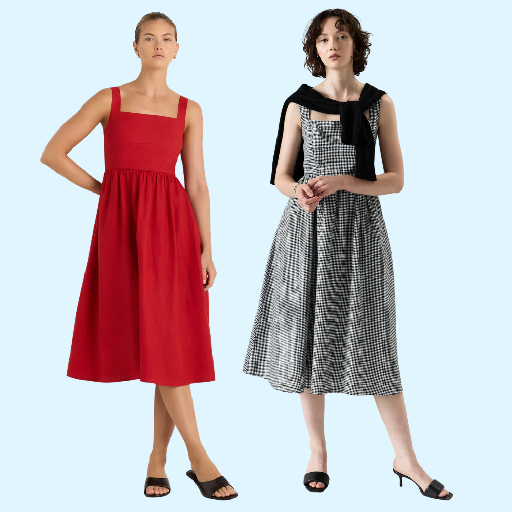 Two models showcase summertime dresses; 1 wears a sleeveless reddish dress, the different successful a checkered formal with a sweater draped implicit shoulders