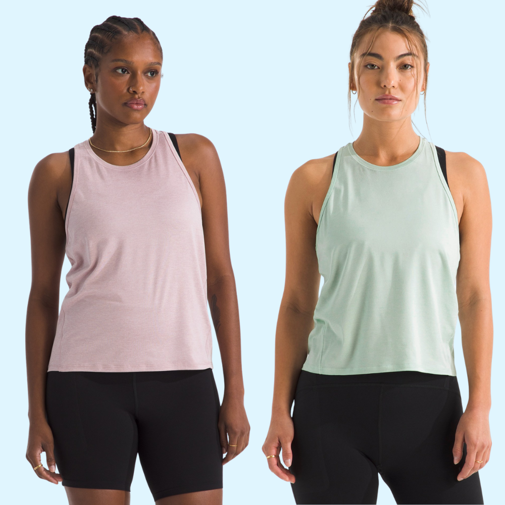 Two models wearing sleeveless tops and achromatic shorts, showcasing casual activewear suitable for shopping