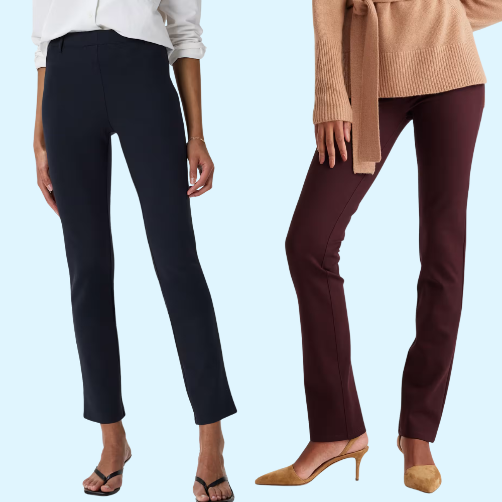 Two models showcasing ankle-length pants; 1 brace is black, paired with a achromatic blouse, and the different is burgundy, paired with a beige sweater and heels