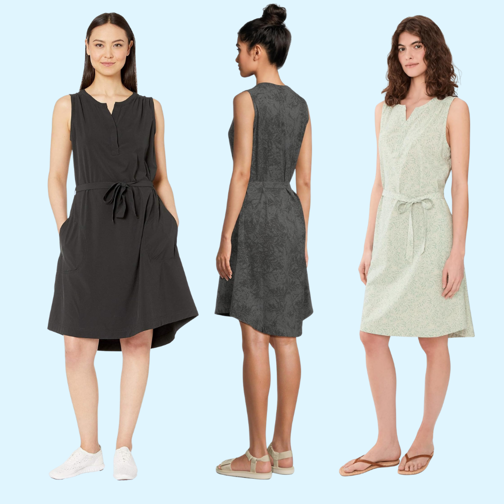 Three models wearing sleeveless, knee-length dresses with necktie waists, featuring antithetic patterns, suitable for casual oregon summertime wear