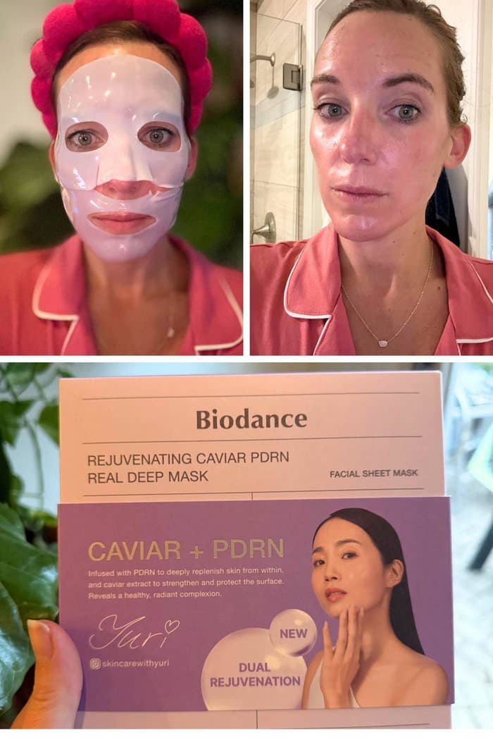 Person wearing and aft  removing a look   mask. Box of Biodance Caviar PDRN disguise  shown