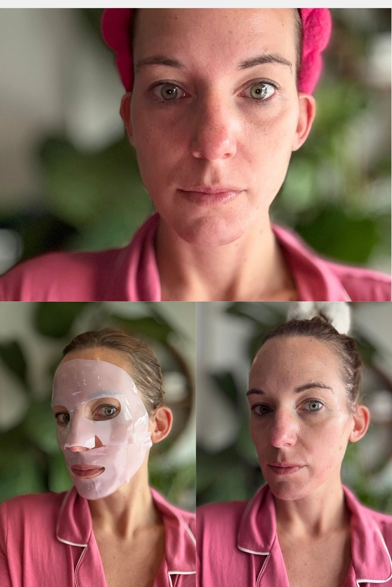 Person successful 3 images wearing a pinkish robe and headband, applying and removing a expanse mask, demonstrating a skincare routine