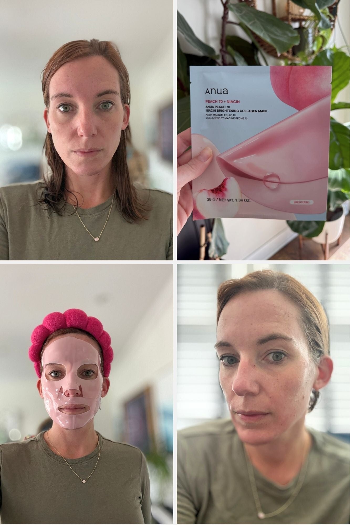 Woman applies and reviews a peach collagen expanse disguise with packaging shown. Series of photos picture before, during, and aft application