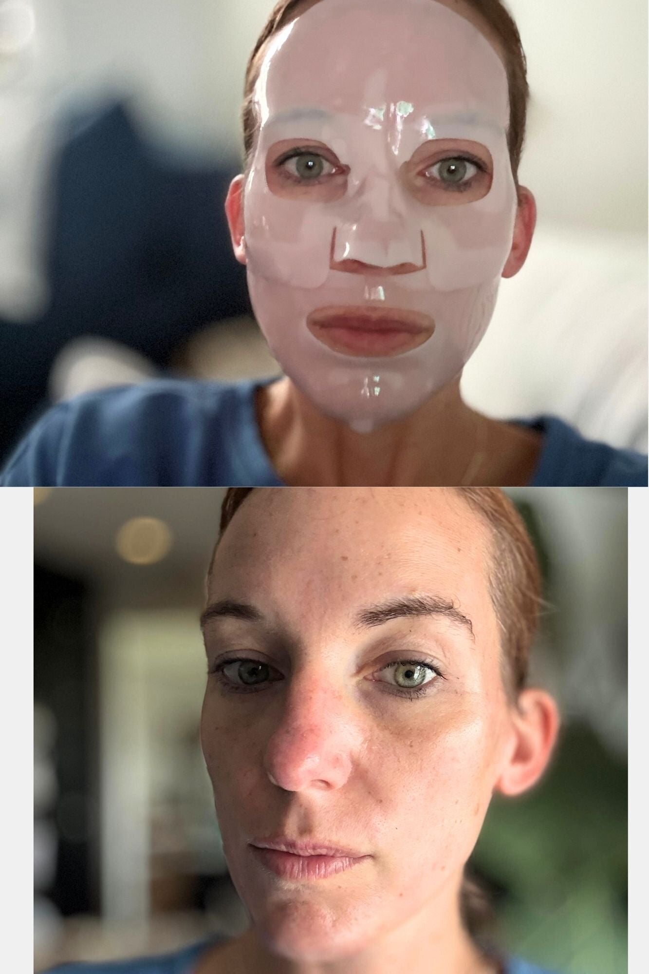 Person wearing a expanse mask, past without it, successful a skincare regular demonstration