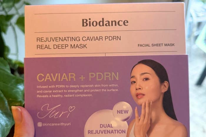 Biodance Rejuvenating Caviar PDRN Facial Sheet Mask packaging featuring a exemplary  with creaseless  skin, promoting dual rejuvenation benefits