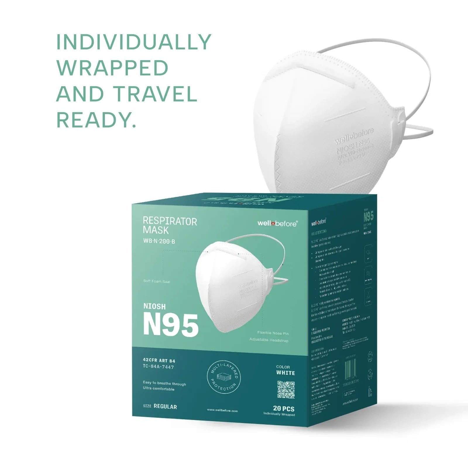Packaging of WellBefore N95 respirator masks, featuring the tagline "Individually Wrapped and Travel Ready," with merchandise  details visible