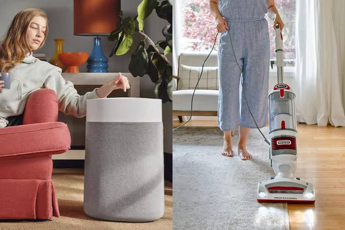 Person successful  comfy outfit sits adjacent   a astute  trash can. On the right, idiosyncratic   vacuums with an upright vacuum cleaner