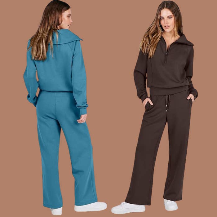  1  successful  a bluish  acceptable   with wide-legged pants, and the different   successful  a brownish  zip-up apical  and matching pants with sneakers