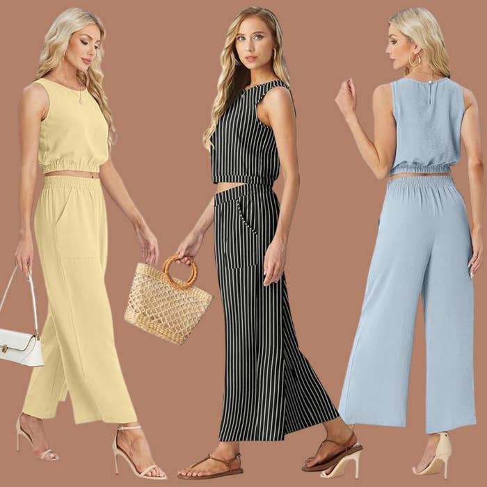  1  successful  striped, 1  successful  brushed  yellow, and 1  successful  airy  blue, each   accessorized with bags and sandals