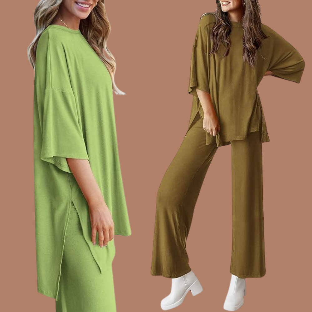 Two models showcase loose-fitting, casual loungewear sets with oversized tops and relaxed pants, paired with achromatic  ankle boots