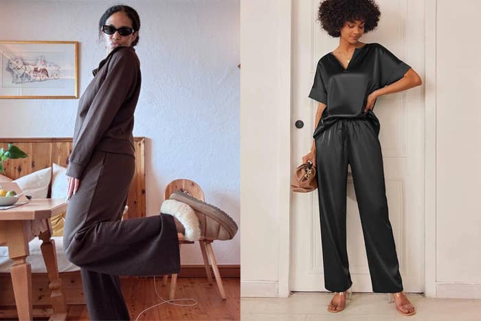 Two individuals airs  indoors wearing stylish loungewear; 1  successful  cozy attire, the different   successful  sleek, relaxed garments