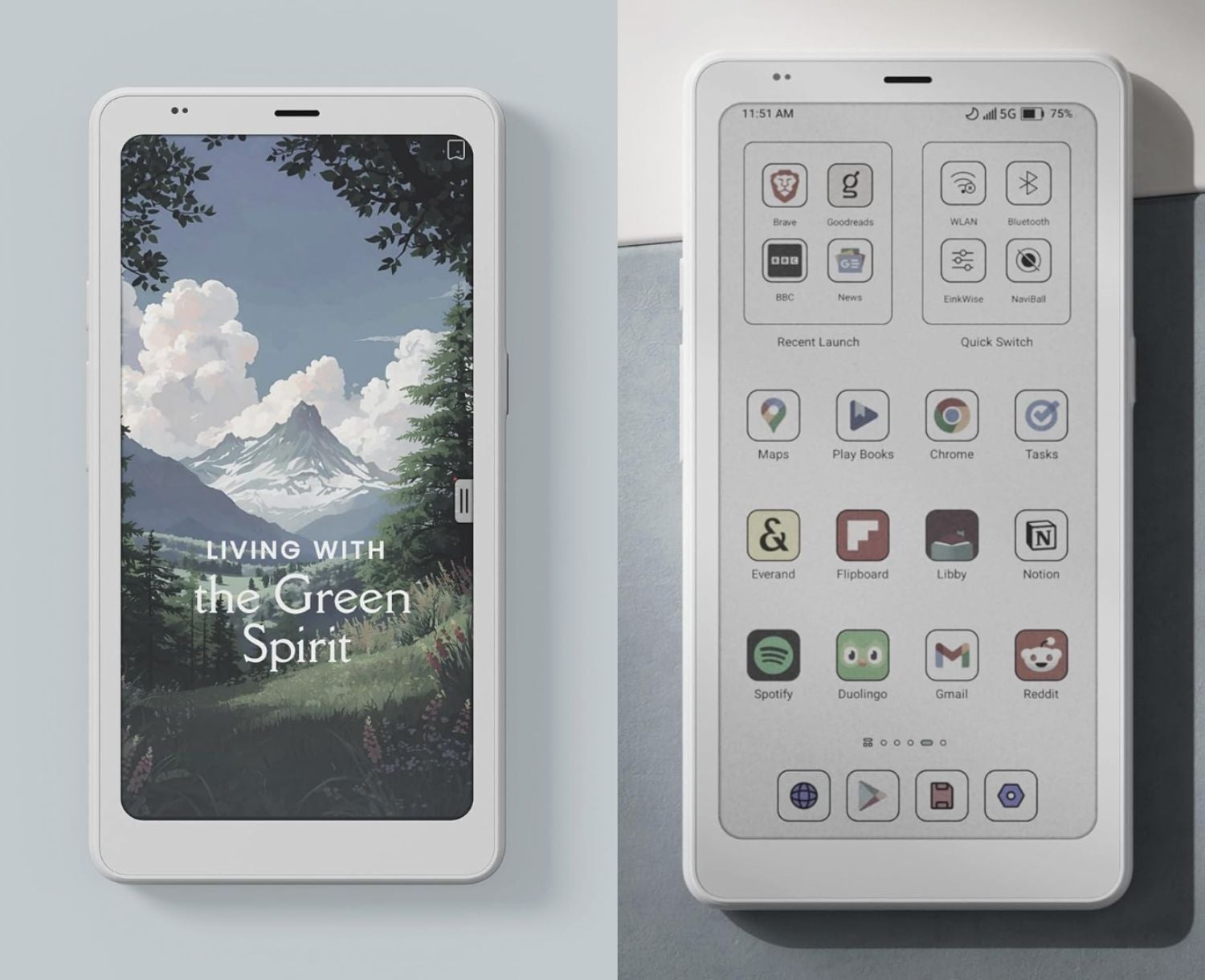 Two images of an e-reader: one with nature-themed wallpaper, the other showing apps like browser, Wi-Fi, and navigation tools on the home screen