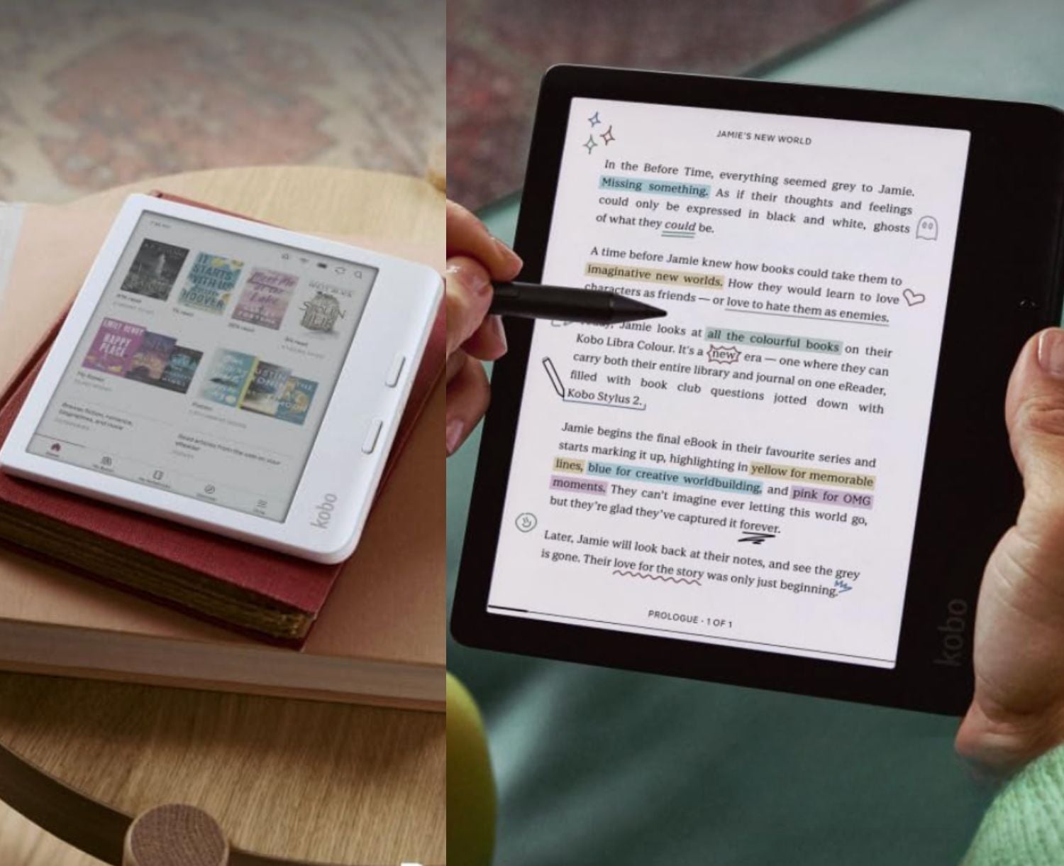 Two e-readers are displayed. One shows a library screen, and the other displays a highlighted book page, suggesting shopping for e-books