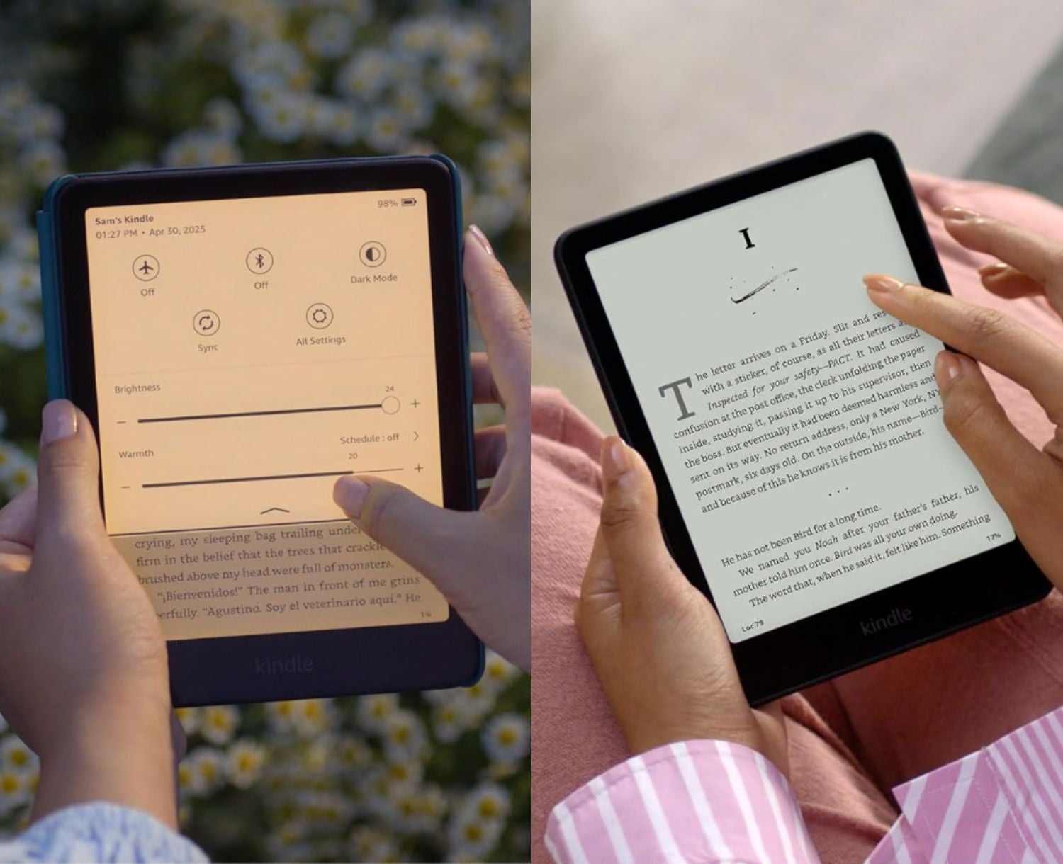 Two e-readers displaying different modes: left shows a warm, backlit screen; right shows a grayscale e-ink display. Both are held by a person