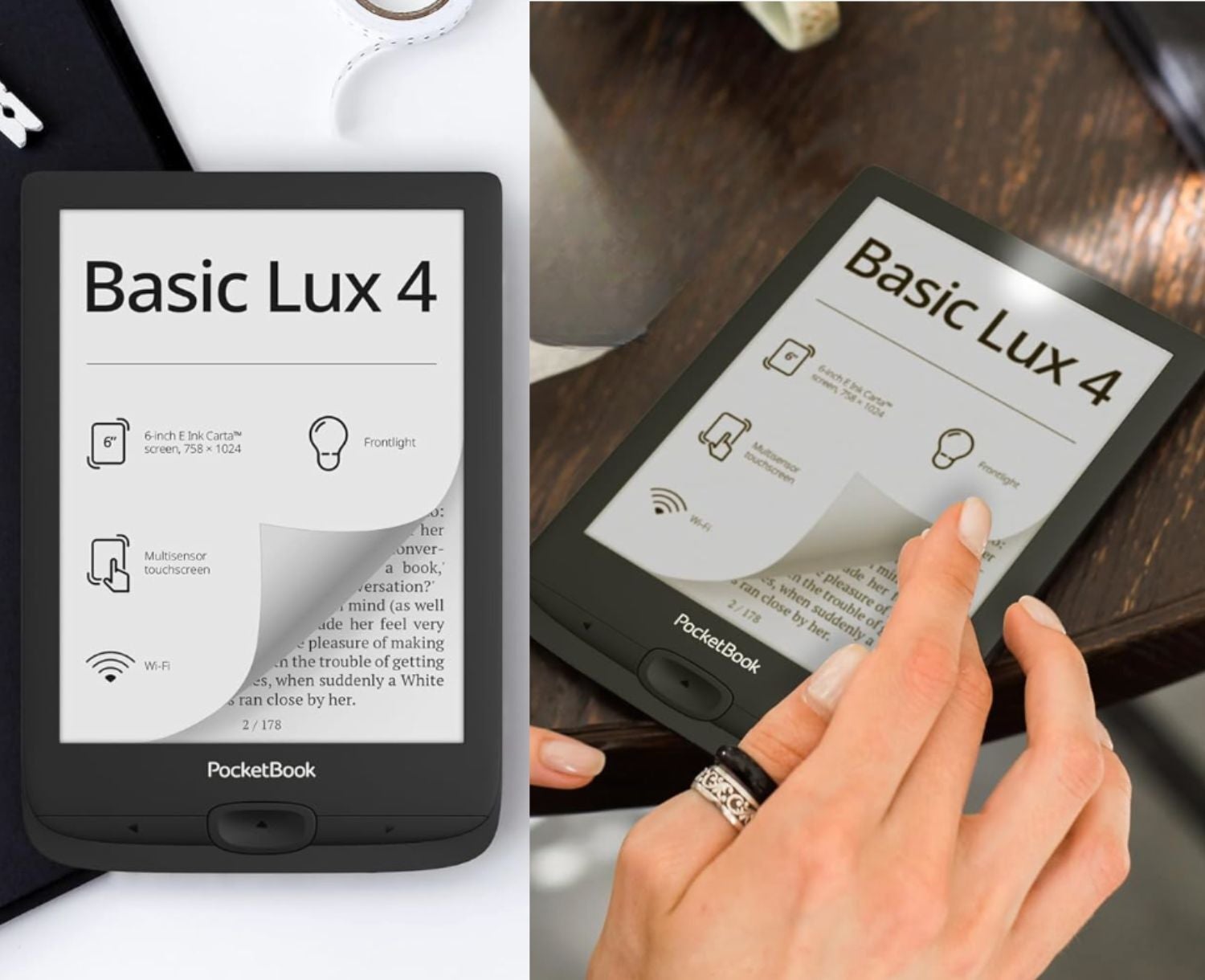 Person using PocketBook Basic Lux 4 e-reader, showcasing features like Wi-Fi, e-ink display, and adjustable font size for easy reading