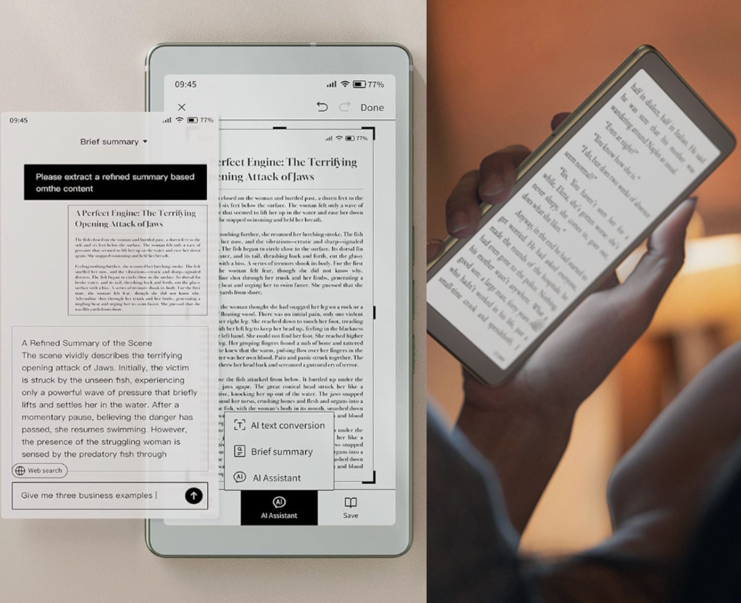 A person uses a smartphone with an AI assistant to display and summarize a lengthy text on the screen