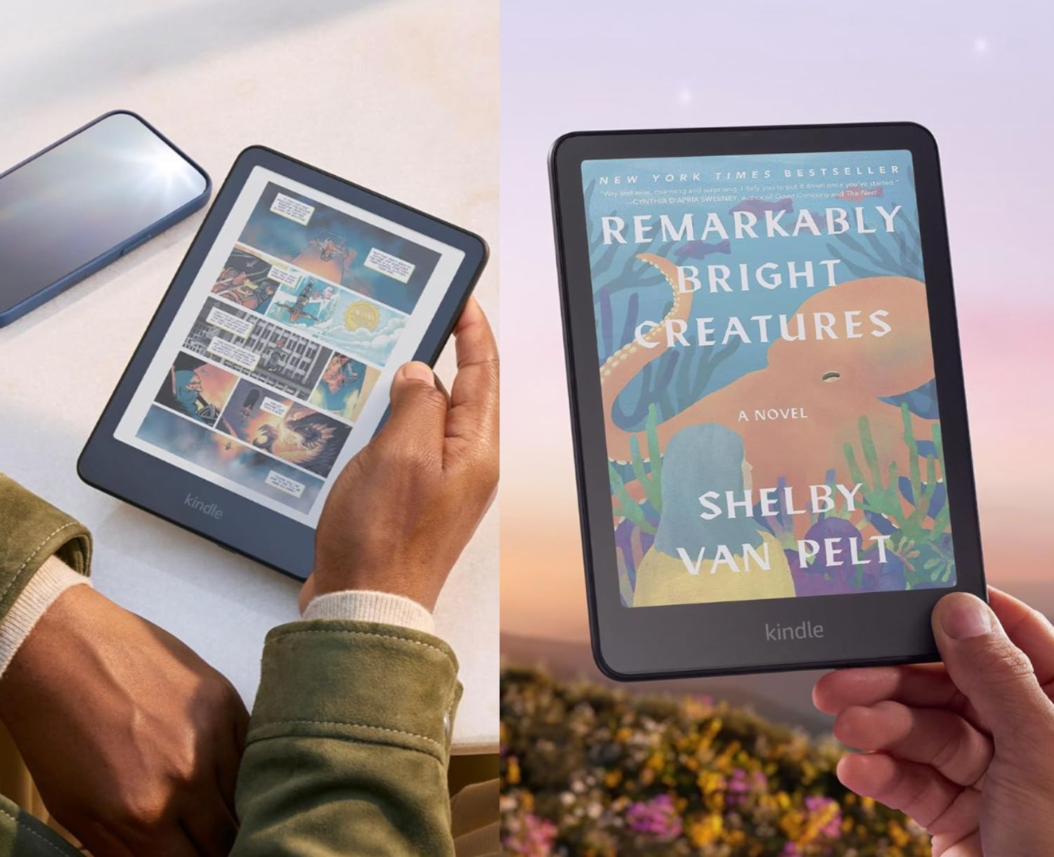 Two images of a Kindle: one displaying a comic and another, a novel "Remarkably Bright Creatures" by Shelby Van Pelt