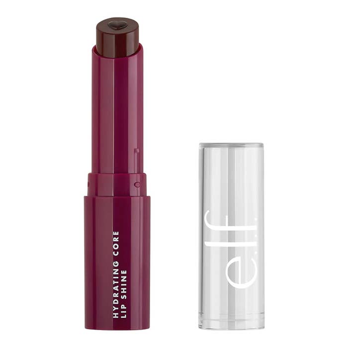 e.l.f. Hydrating Core Lip Shine product, shown with headdress  removed, featuring a moisturizing halfway   and sleek design
