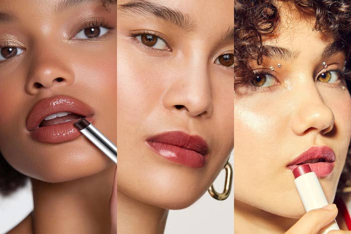 Three radical   applying antithetic  shades of lipstick, showcasing assorted  articulator  colors and products for a quality   and manner  article