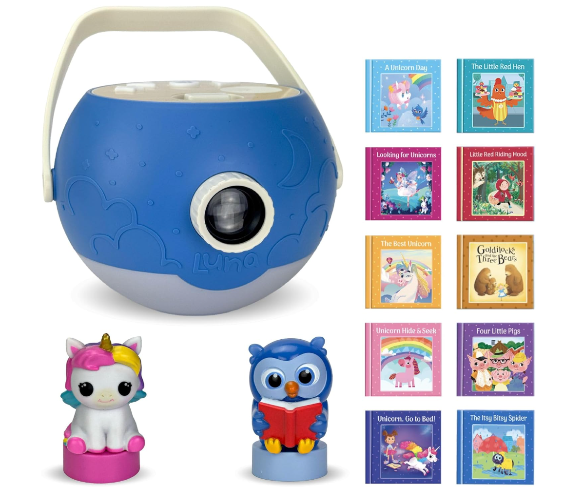 Children's storytelling projector with unicorn and owl figurines, accompanied by tiny  illustrated storybooks, displayed for sale