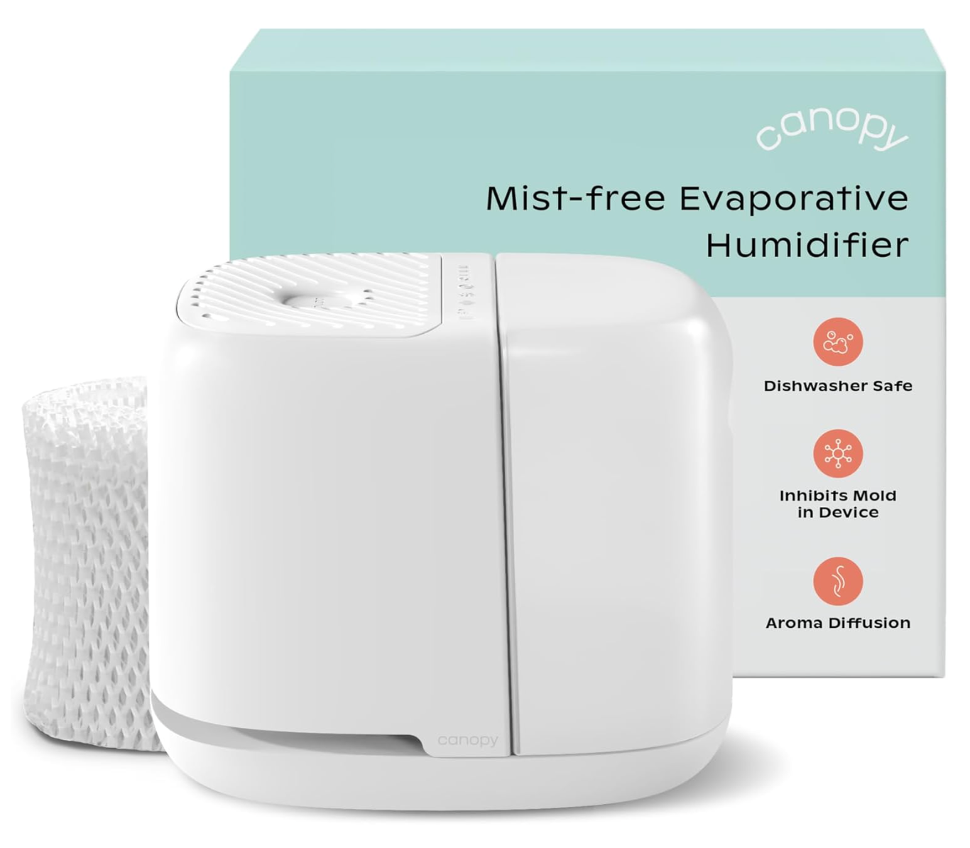 Canopy Mist-Free Evaporative Humidifier with dishwasher-safe parts, mold inhibitor, and aroma diffusion. Includes a filter and packaging