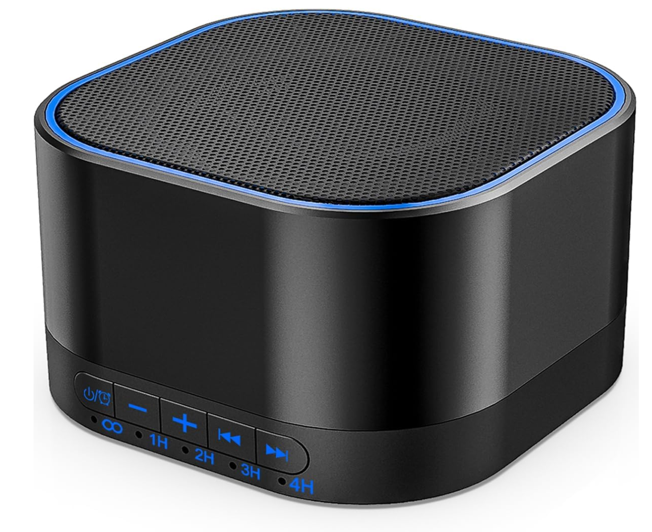 A compact quadrate  Bluetooth talker  with apical  mesh plan  and power  buttons connected  the front