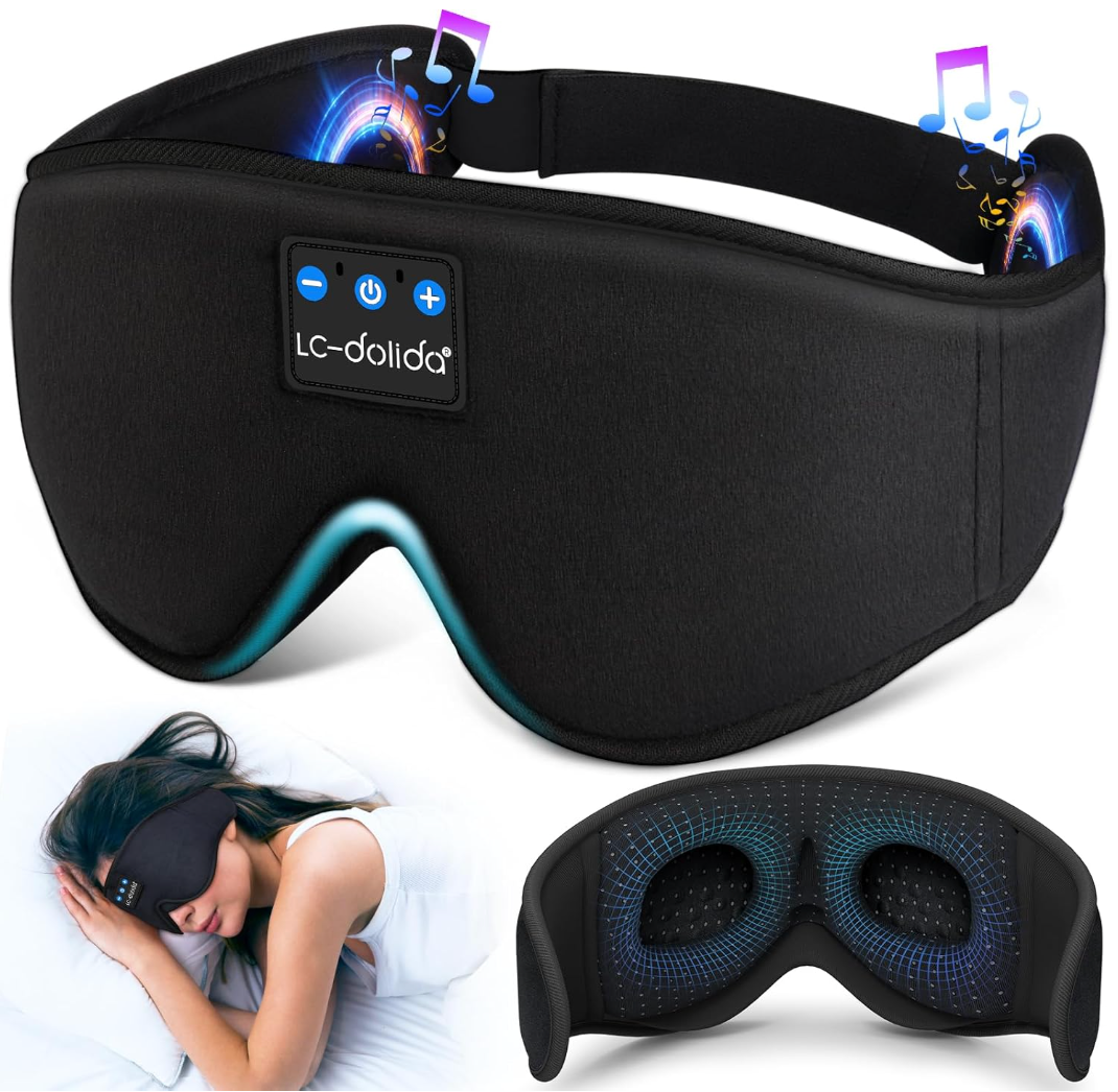 Sleep disguise  with built-in Bluetooth headphones shown supra  a idiosyncratic   wearing it, promoting a restful slumber  accessory