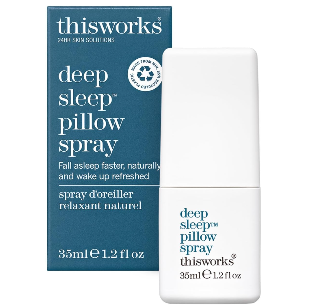 This Works Deep Sleep Pillow Spray packaging promises quicker, earthy  slumber  and refreshed waking. 35 ml vessel  beside container  featuring merchandise  details