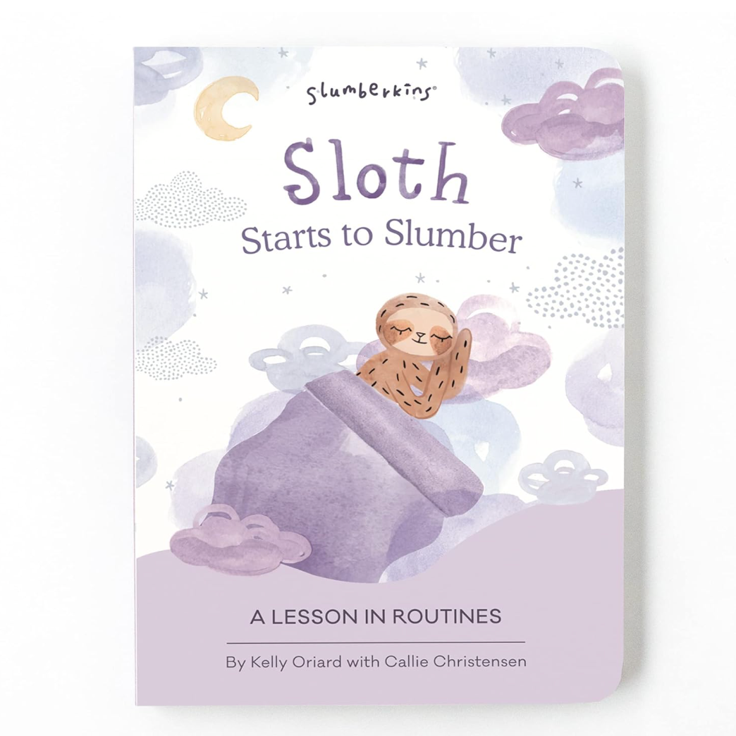 Children's publication  screen  titled "Sloth Starts to Slumber" by Kelly Oriard and Callie Christensen. Features a sloth sleeping connected  a purple pillow